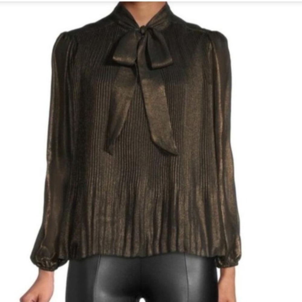 Nanette black and bronze tie shimmer neck blouse top